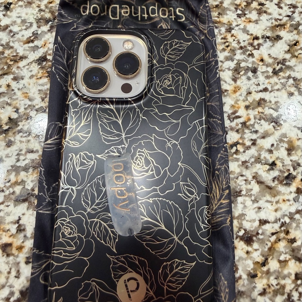 iPhone 13 Pro Loopy Case Black and Gold Rose Design